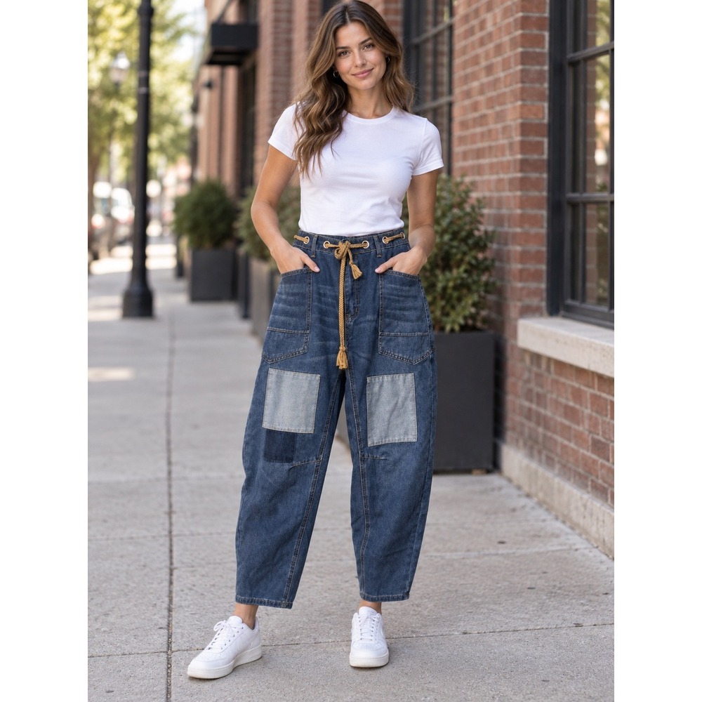 Patchwork Barrel Jeans Blue Rope Belted Pants unknown brand